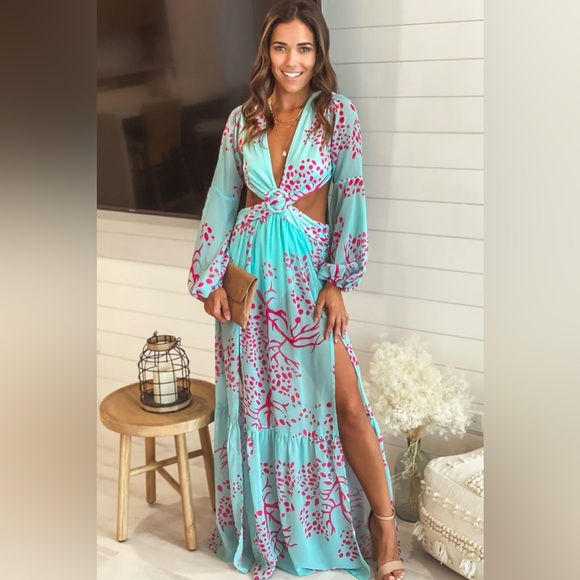 Teal Maxi Dress with Coral Floral Design - Picture 4 of 9